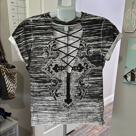 Affliction Black and White Cross Lace-Up Tee - Picture 1 of 6